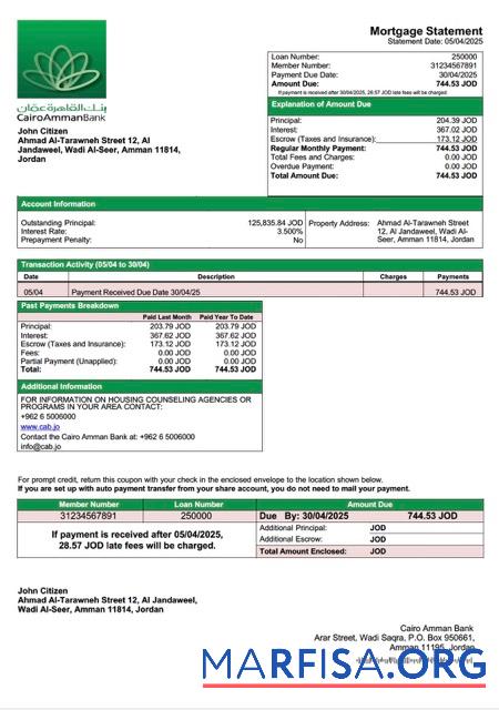 Realistic Jordan Cairo Amman Bank mortgage statement Word and PDF template